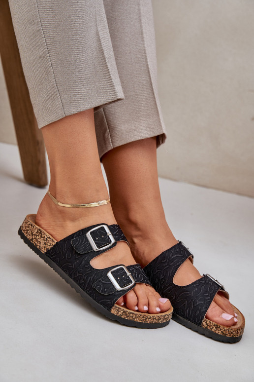 Chaussons Sur une semelle en liège avec boucles couleur noire Atera  Chaussons Sur une semelle en liège avec boucles couleur noire Atera