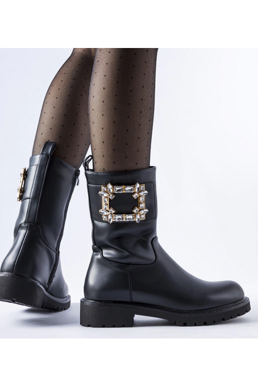 Bottines noires ornées de zircons Wagner