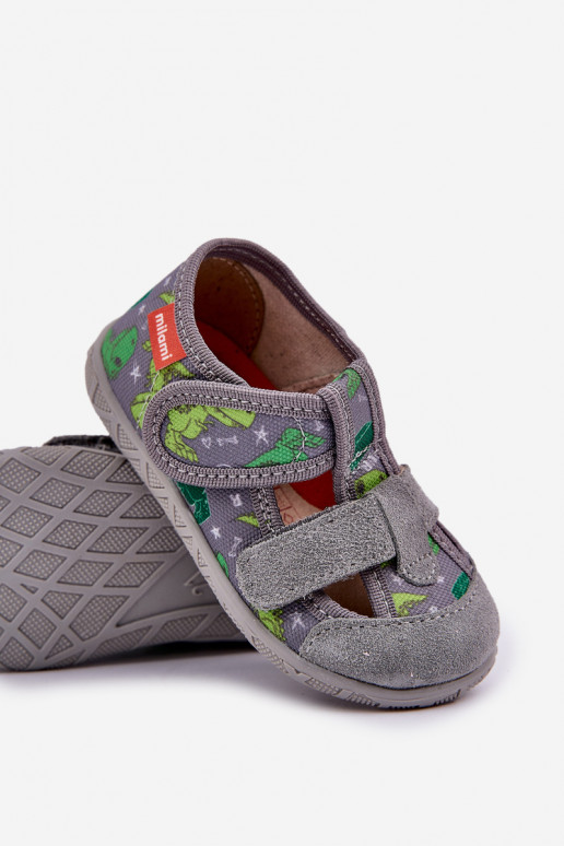 Chaussons Milami Puéril avec attaches adhésives DANS Dinosaures gris-couleur verte Reathiana