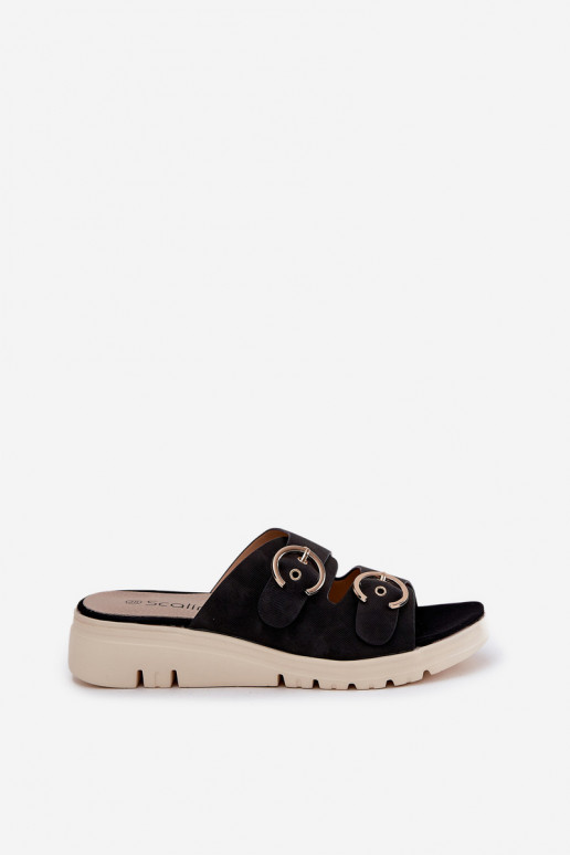  Pantoufles pour femmes Sur un coin avec boucles couleur noire Hellexia