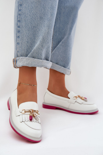 Peau Style élégant Mocassins avec des talons larges S.Barski LR51-768 couleur blanche