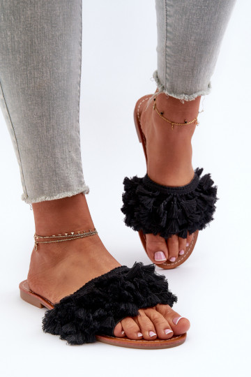 Mules pour femmes à semelle plate avec pompons couleur noire Rialle