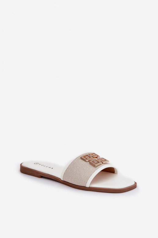 Style élégant Pantoufles pour femmes avec des ornements avec des talons larges couleur blanche Lovehia