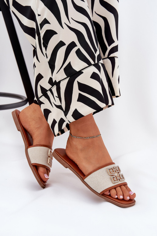 Style élégant Pantoufles pour femmes avec des ornements avec des talons larges marron Lovehia