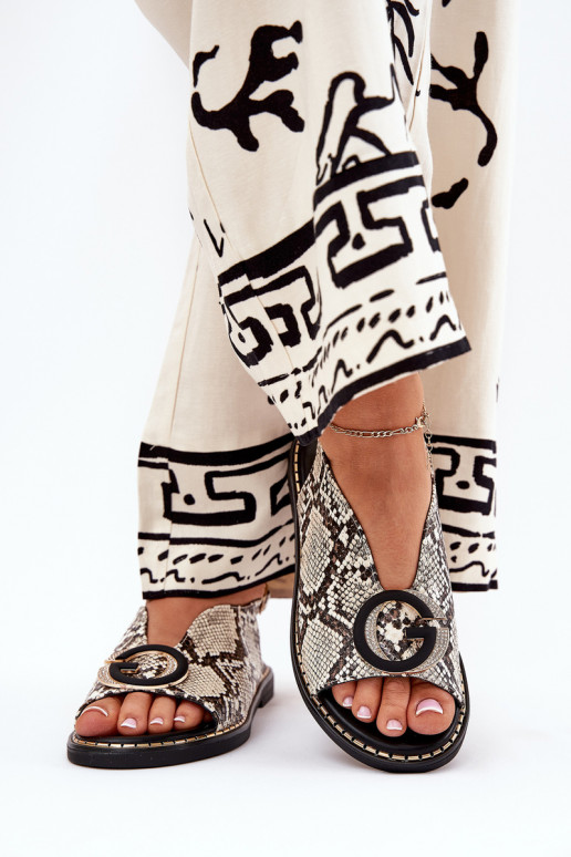 Sandales plates avec des ornements modèles de serpent beige-marron Haliones