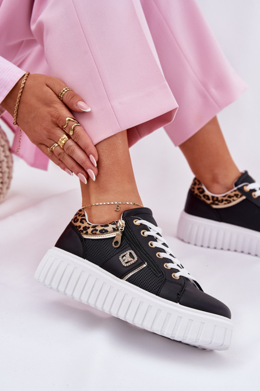 baskets Féminin avec une plateforme en cuir écologique avec des motifs en fourrure de léopard couleur noire Velionna
