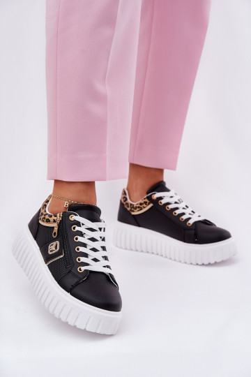 baskets Féminin avec une plateforme en cuir écologique avec des motifs en fourrure de léopard couleur noire Velionna 2
