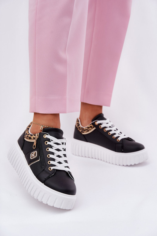 baskets Féminin avec une plateforme en cuir écologique avec des motifs en fourrure de léopard couleur noire Velionna