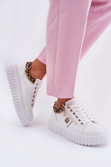 baskets Féminin avec une plateforme en cuir écologique avec des motifs en fourrure de léopard couleur blanche Velionna 2