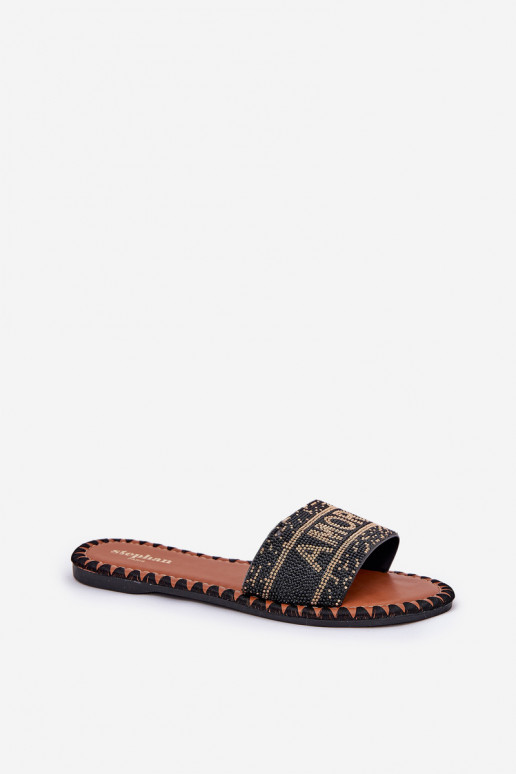 Pantoufles pour femmes avec des talons larges Avec décoration couleur noire Dorfedi