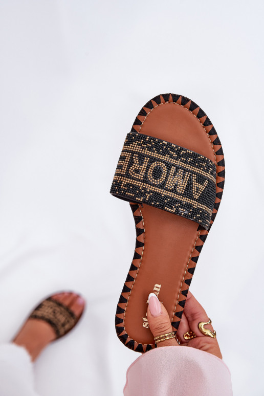 Pantoufles pour femmes avec des talons larges Avec décoration couleur noire Dorfedi