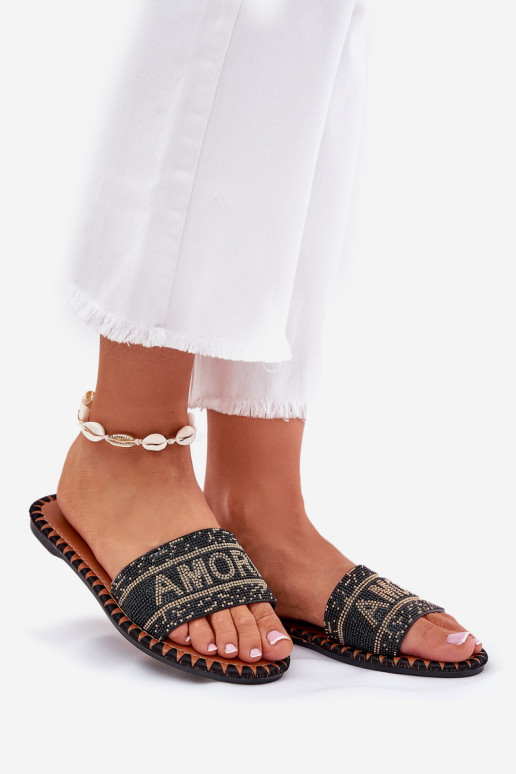 Pantoufles pour femmes avec des talons larges Avec décoration couleur noire Dorfedi