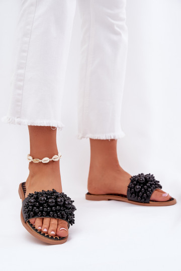 Chaussons plats pour femmes avec perles décoratives noires Aricca