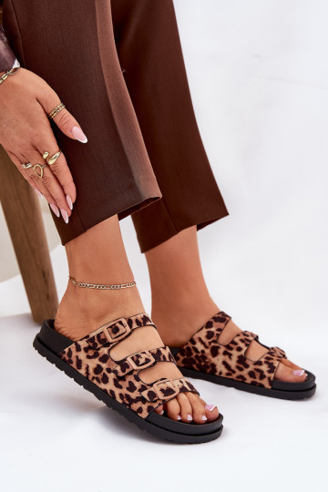 Chaussons pour femmes avec lanières et boucles avec motifs en fourrure de léopard couleur marron Uliri