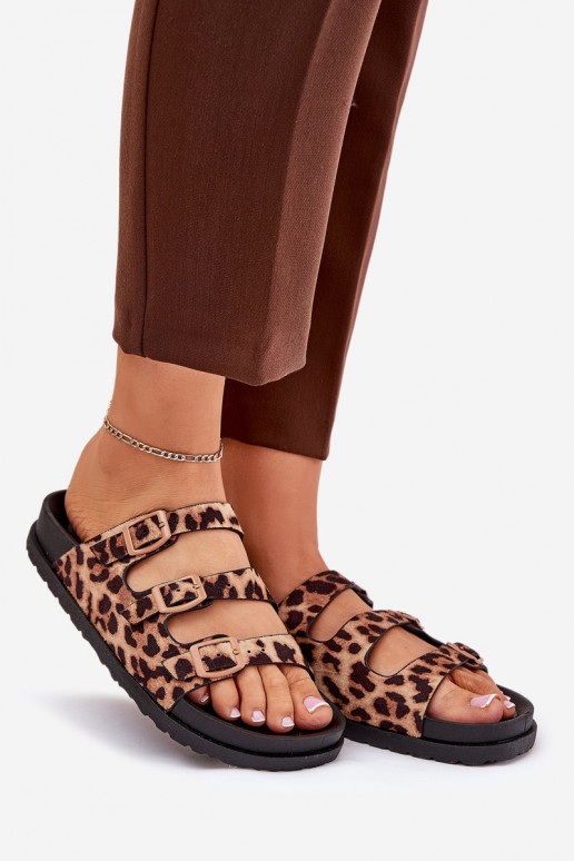 Pantoufles pour femmes avec des bandes I avec bouclesmi avec des motifs en fourrure de léopard marron Uliri Pantoufles pour femmes avec des bandes I avec bouclesmi avec des motifs en fourrure de léopard marron Uliri