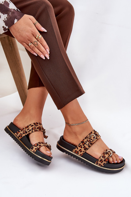 Pantoufles pour femmes avec des motifs en fourrure de léopard avec une plateforme avec des bandes I avec bouclesmi marron Zifert Pantoufles pour femmes avec des motifs en fourrure de léopard avec une plateforme avec des bandes I avec bouclesmi marron Zifert