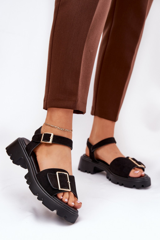 Eko Sandales femme en daim avec boucles couleur noire Gofielle