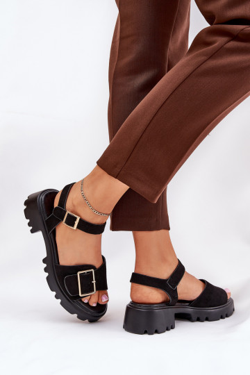 Eko Sandales femme en daim avec boucles couleur noire Gofielle 2
