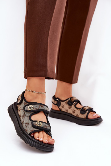 Sandales à motifs pour femmes couleur or avec ornements couleur sable et noire Pefese