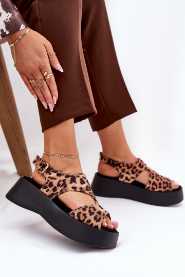 Sandales pour femmes avec des motifs en fourrure de léopard avec une plateforme en daim écologiqueoÀe marron Karonia