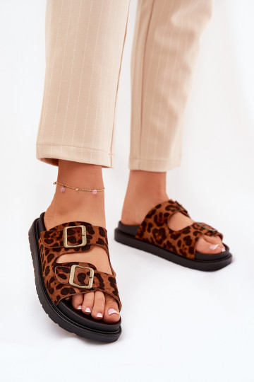 Chaussons Femme à Plateforme avec Imprimé Léopard et Boucles Marron Simbes