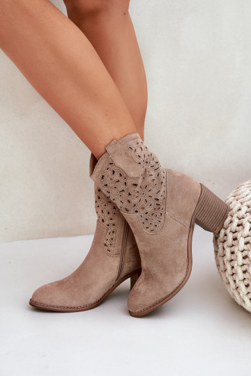 Bottines ajourées de style cowboy pour femmes avec talons S.Barski HY51-125 couleur sable